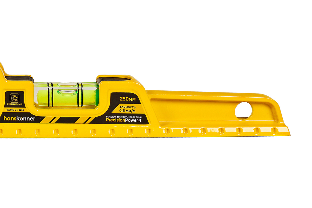 Уровень литой, 250мм, 2 колбы, фрезеров., 2 магнита, 0.5 мм/м, hanskonner