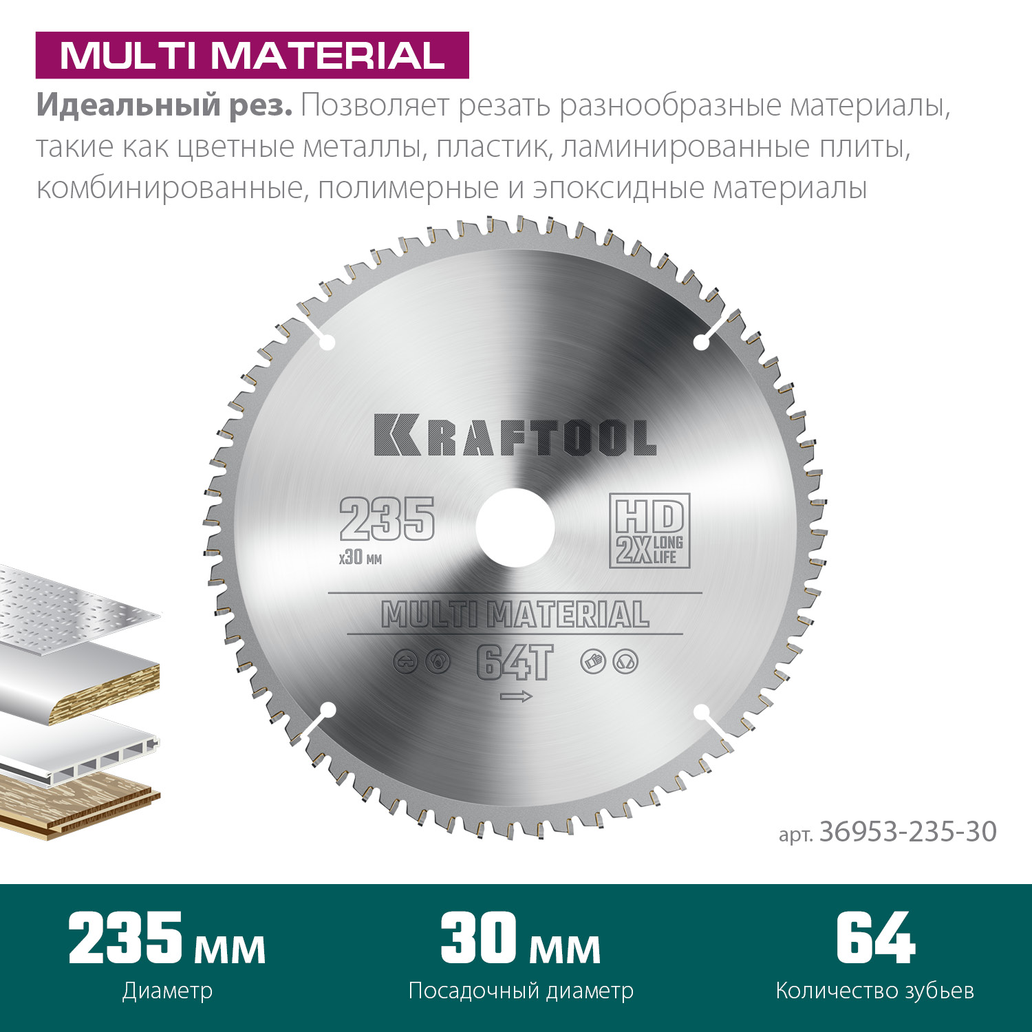 KRAFTOOL Multi Material 235х30мм 64Т, диск пильный