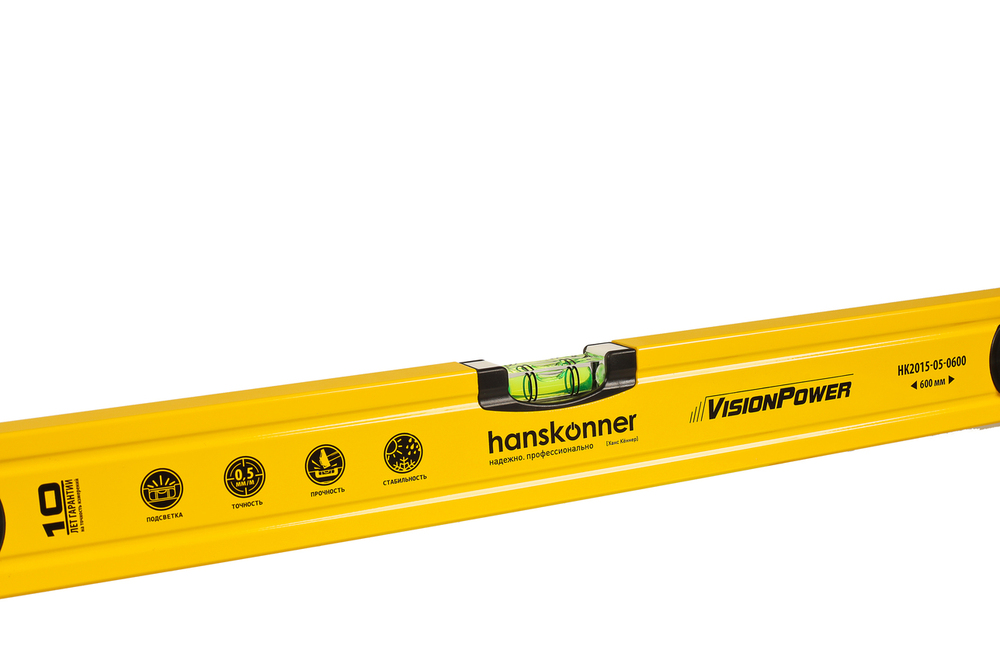 Уровень алюм., 600мм, 3 колбы (одна светится), 0.5 мм/м, hanskonner