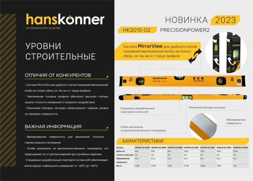 Уровень 400 мм, фрезеров., 3 глазка (1 зеркальн.), точн. 0.5мм/м, Hanskonner